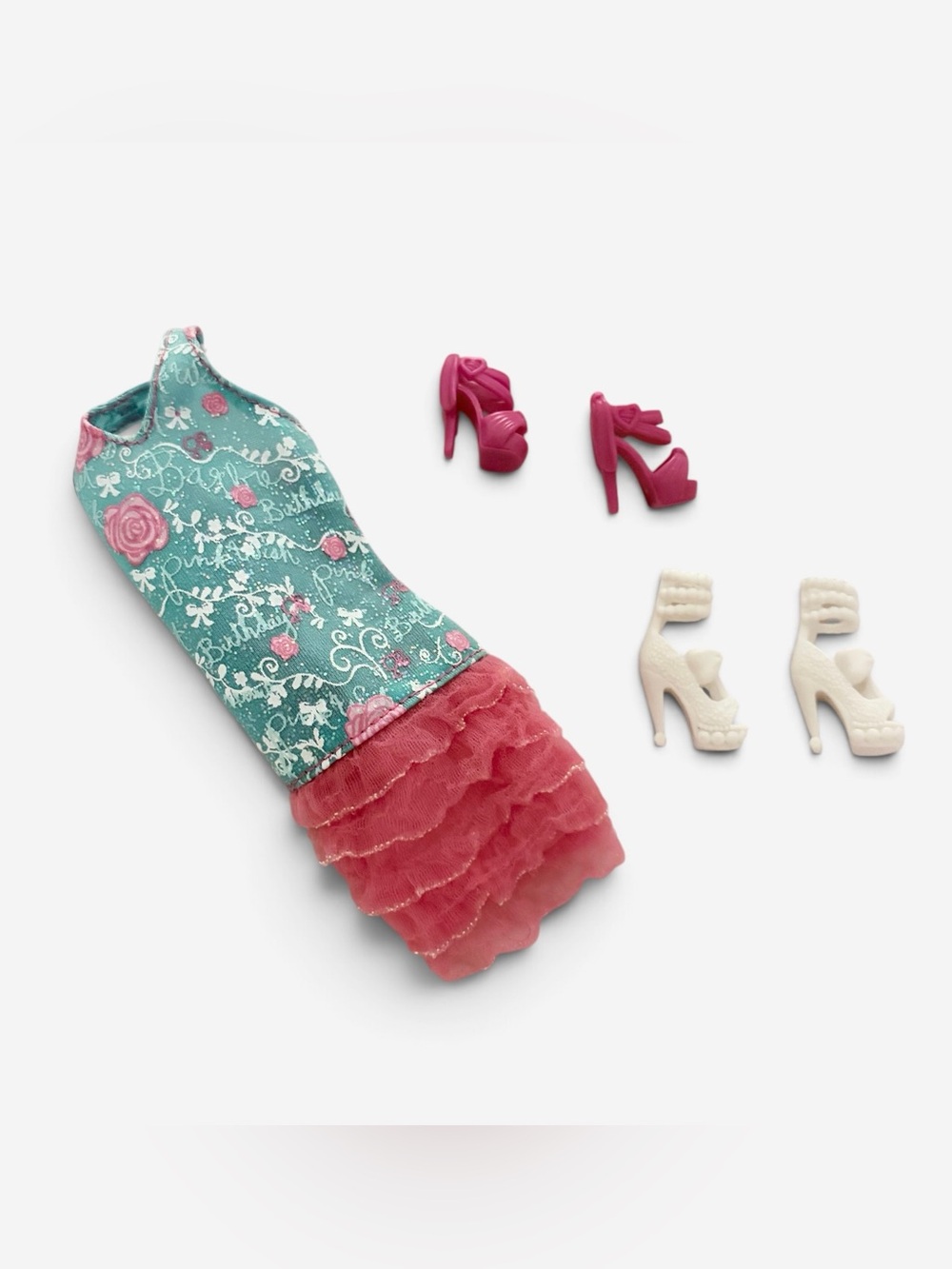 Barbie Fashion Pack Mini Ruffle Dress Logo Print w/ Matching Pink White Heels